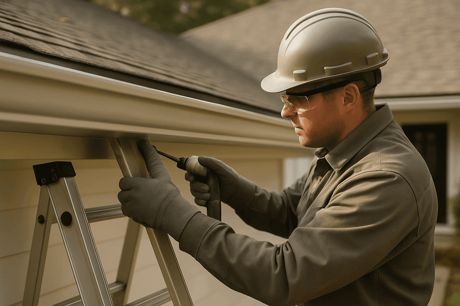 Worker wearing safety gear installing seamless residential gutter on suburban home roofline