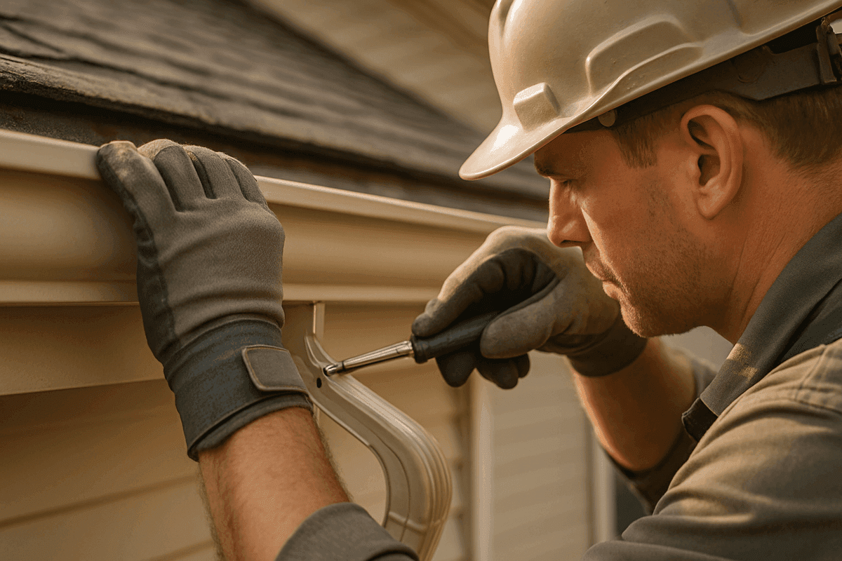Close-up of gloved hands installing seamless gutter on modern home exterior