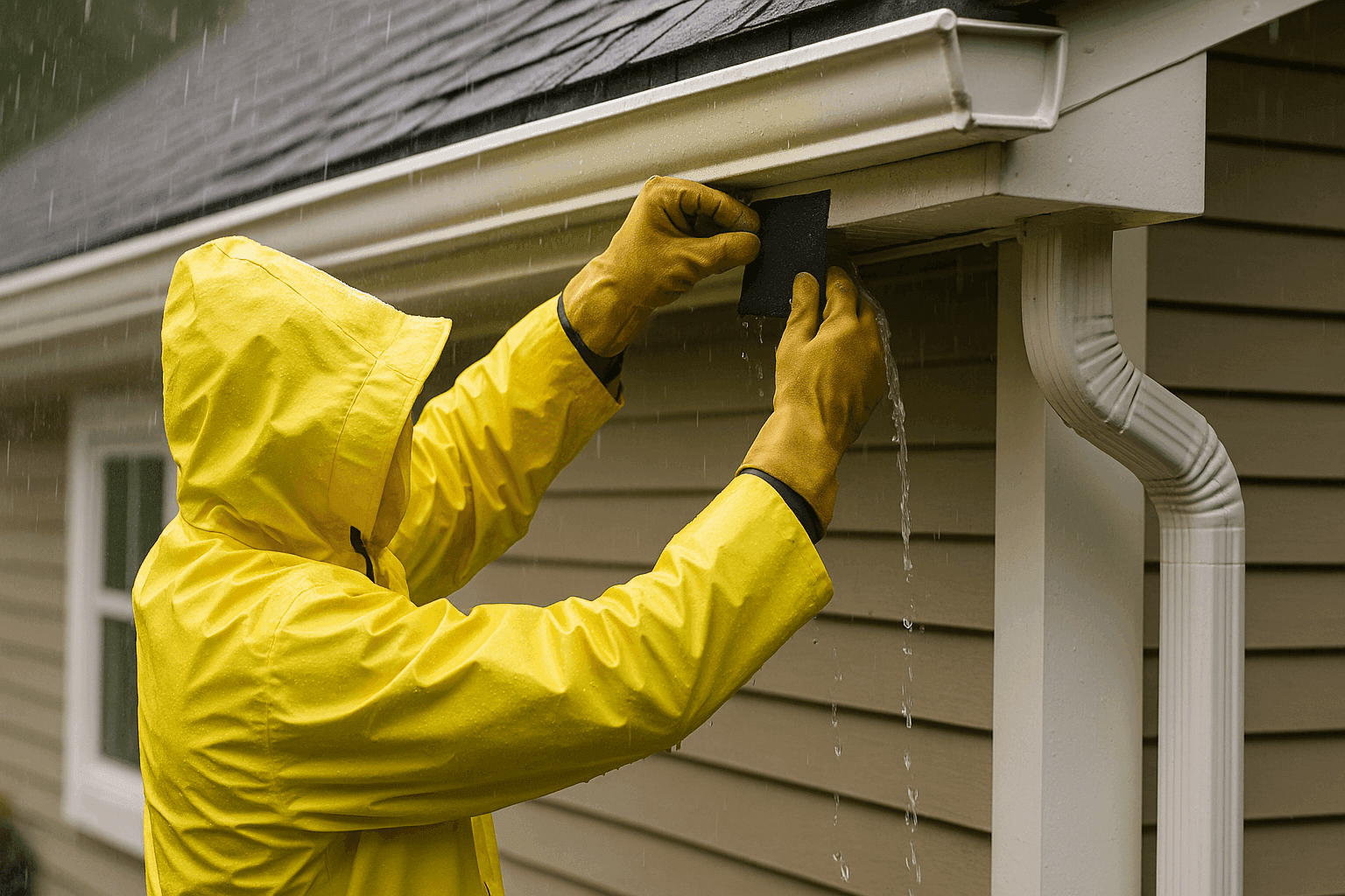 Homeowner applying a temporary patch to a damaged gutter during a rainstorm