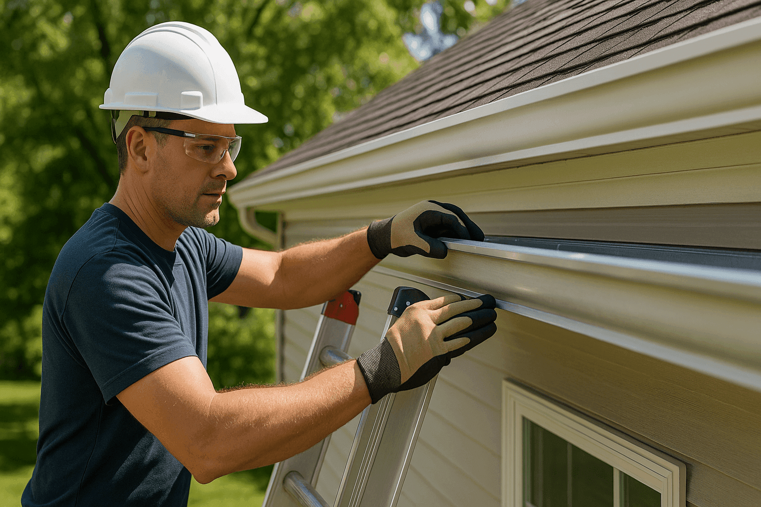 Homeowner checking clean gutters along a roofline in bright daylight