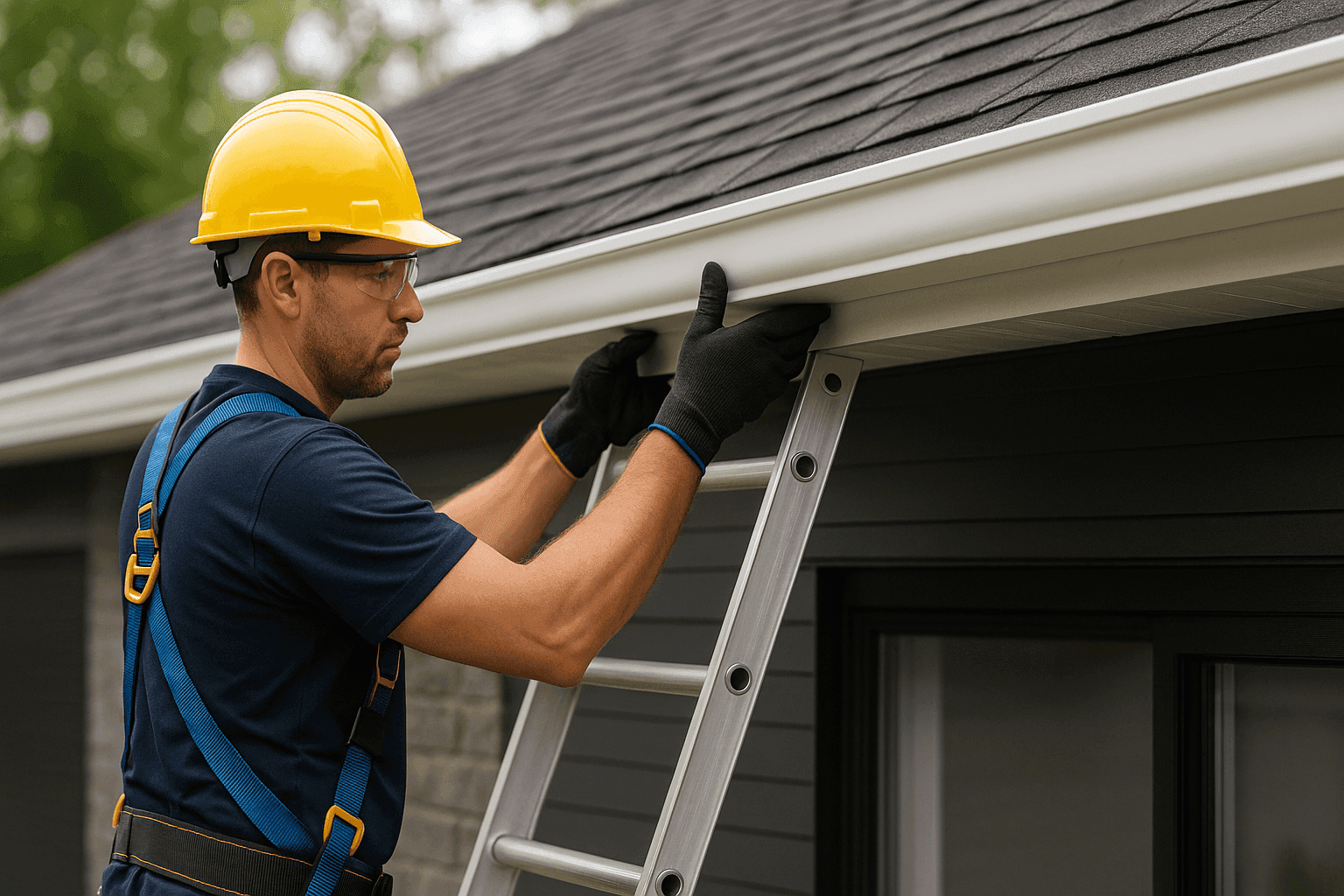 Technician installing new seamless gutters on a modern home