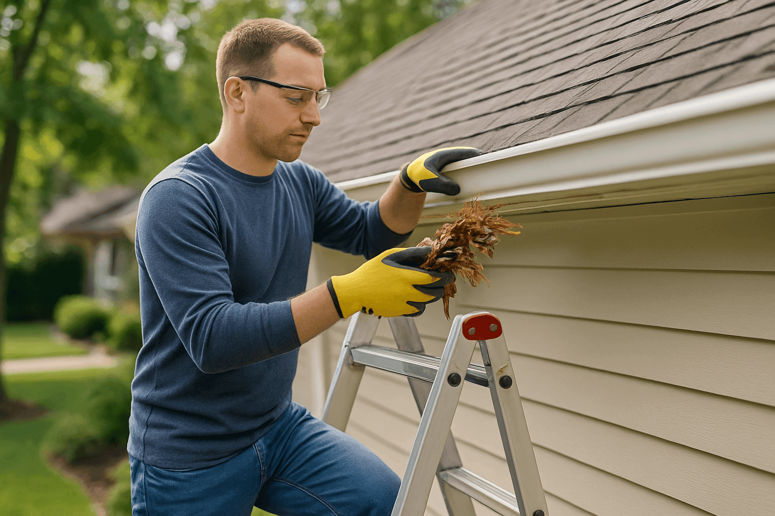 Homeowner cleaning leaves from a gutter while wearing gloves and using a sturdy ladder